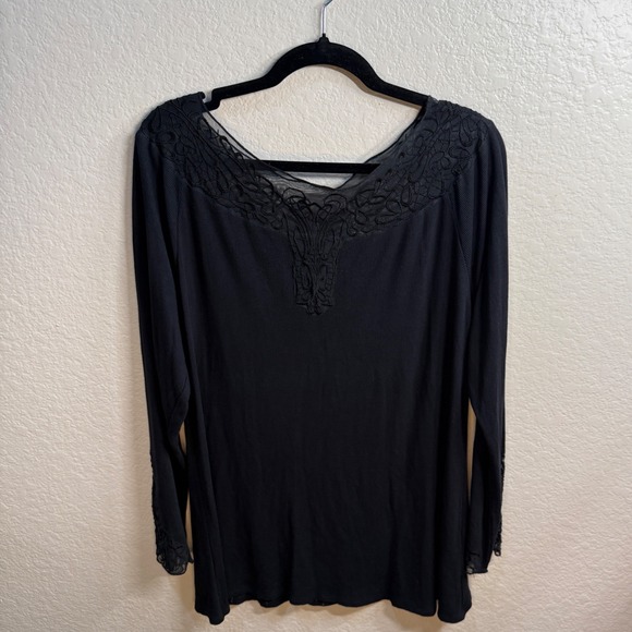 Soft Surroundings Black Lace Trimmed Sheer Neckline Long Sleeve Top Plus Size 2X - Picture 8 of 11